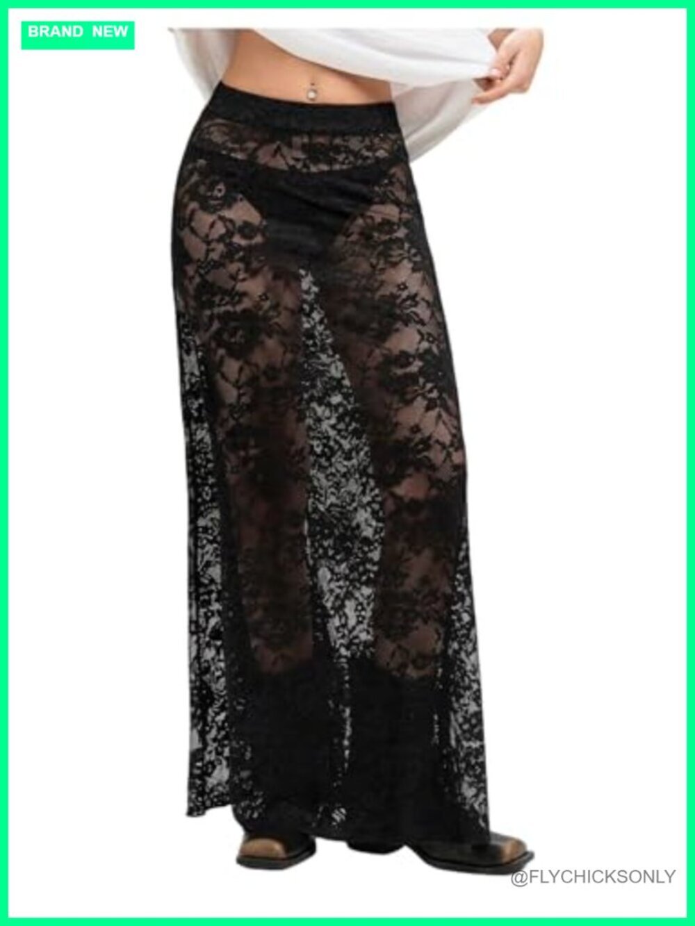 Women's Sheer Mesh Lace Maxi Skirt Y2k Flowy Long See Through